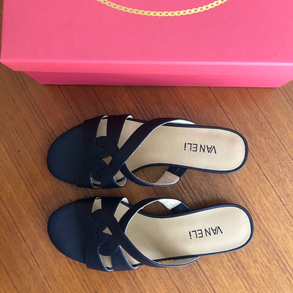 Vaneli Black Crisscross Slide Sandals with Tan Insole